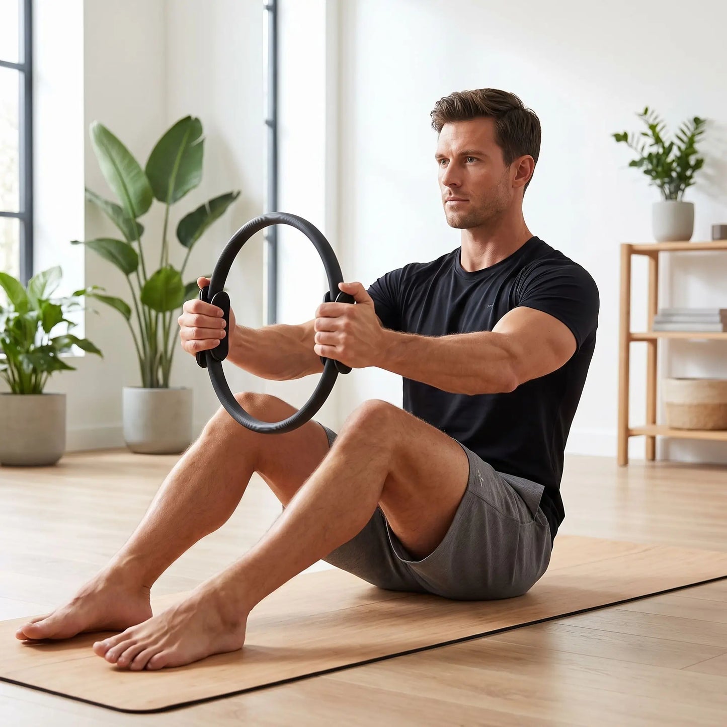 anneau pilates avec homme fait exercices au sol