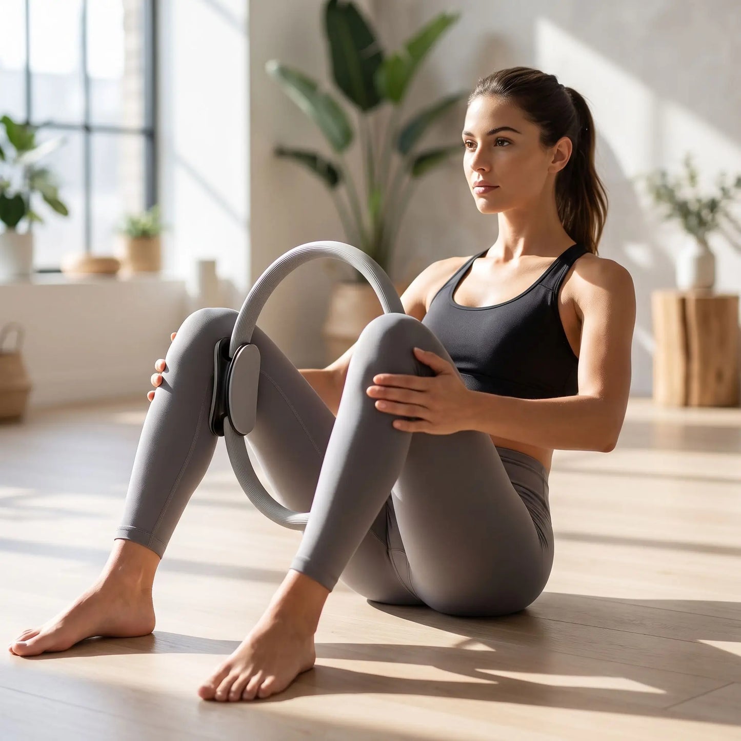 anneau pilates gris avec femme qui fait exercises au sol