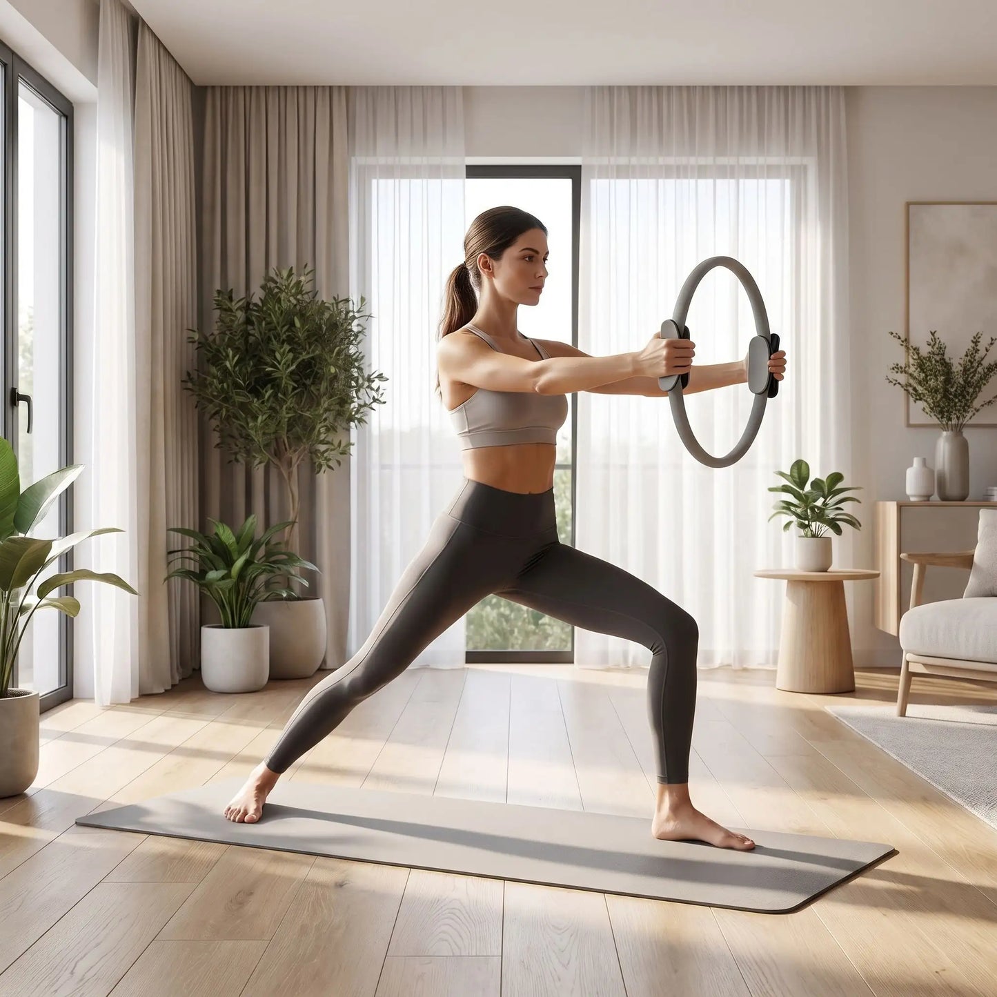 anneau pilates gris avec femme qui fait exercises bras